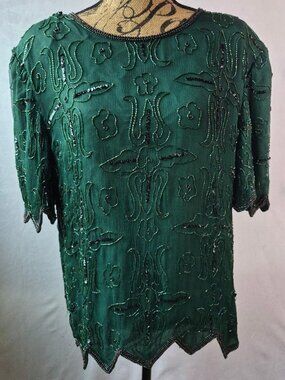 Vintage Carina Women's Beaded Silk Tunic Top 1X Scalloped Trim